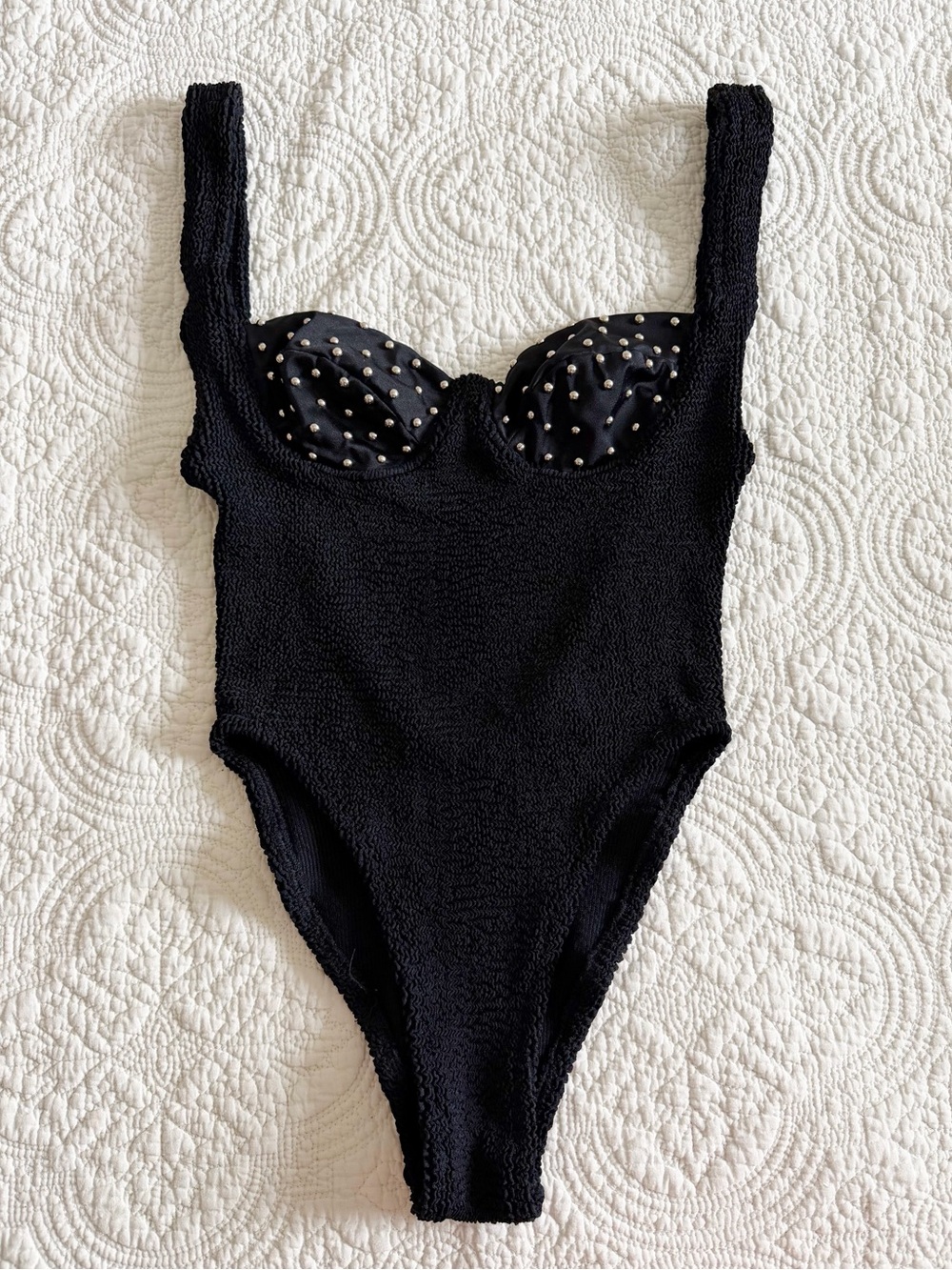 80s Vintage Hunza G Black Studded One-Piece Swimsuit One Size